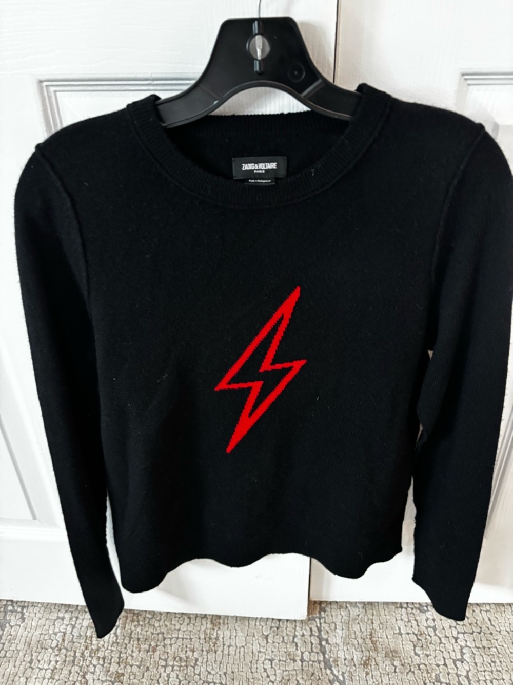 Zadig & Voltaire Black Cashmere Sweater with Red Lightning Bolt size xs